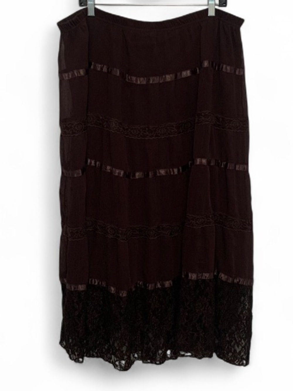Y2K Studio 1940 Dark Brown Boho Skirt with Lace Hem